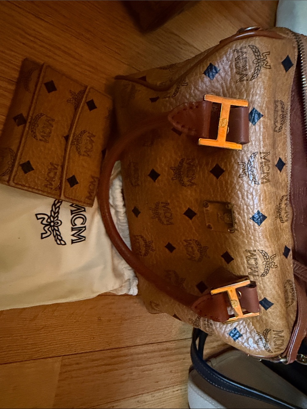 MCM Cognac Visetos Monogrammed Top-Handle Tote with Gold Hardware